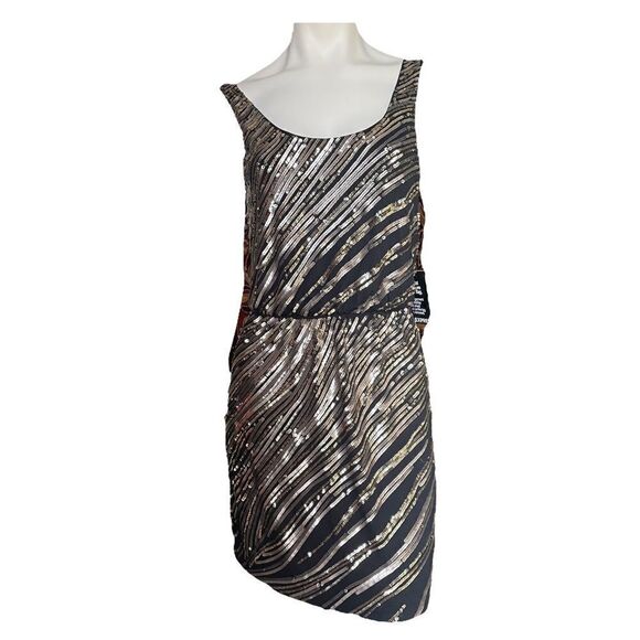 New Express Surplice Dress Black Gold Sequins Mini Sleeveless Tank Top Womens XS - Picture 1 of 12